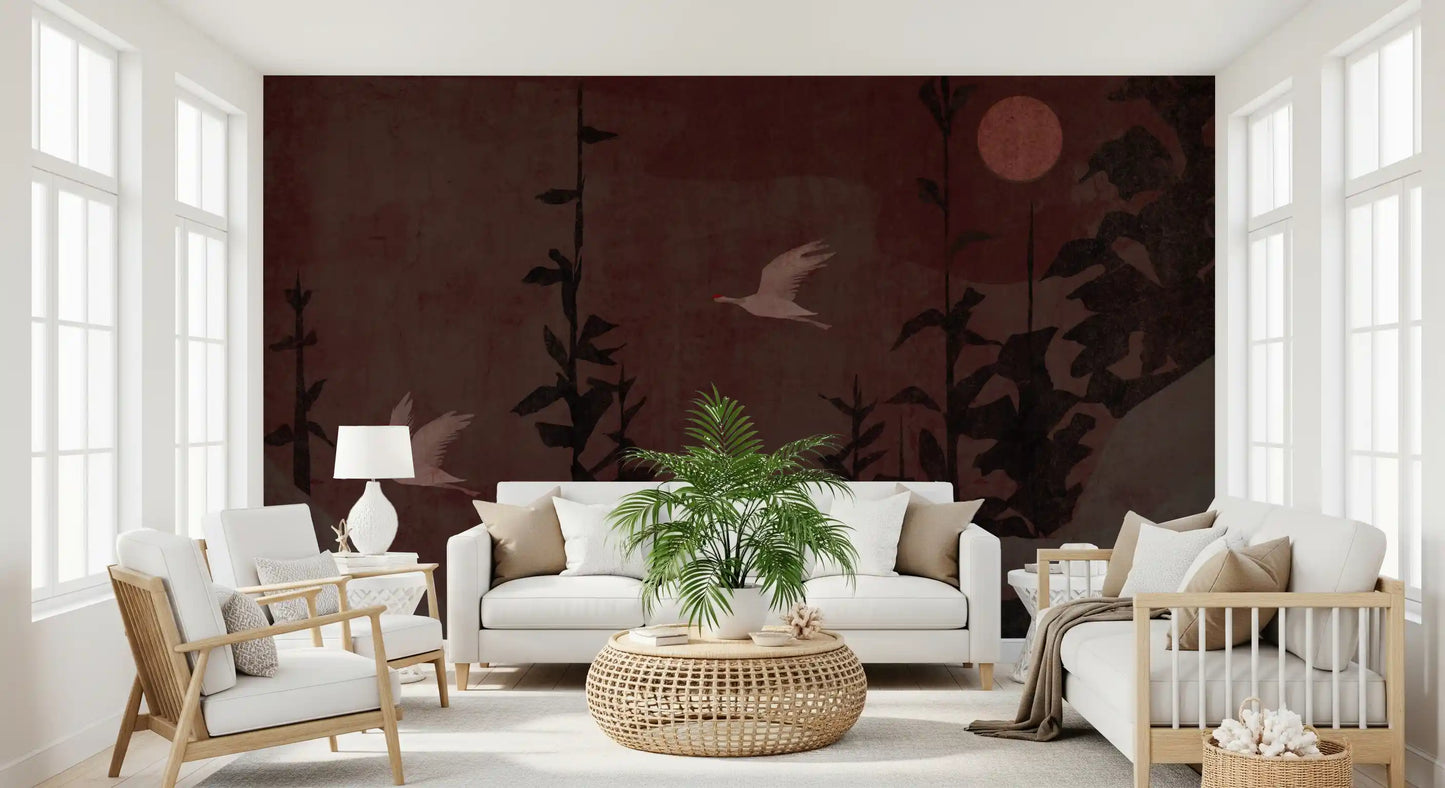 Chinoiserie Nightfall with Soaring Cranes Wall Mural