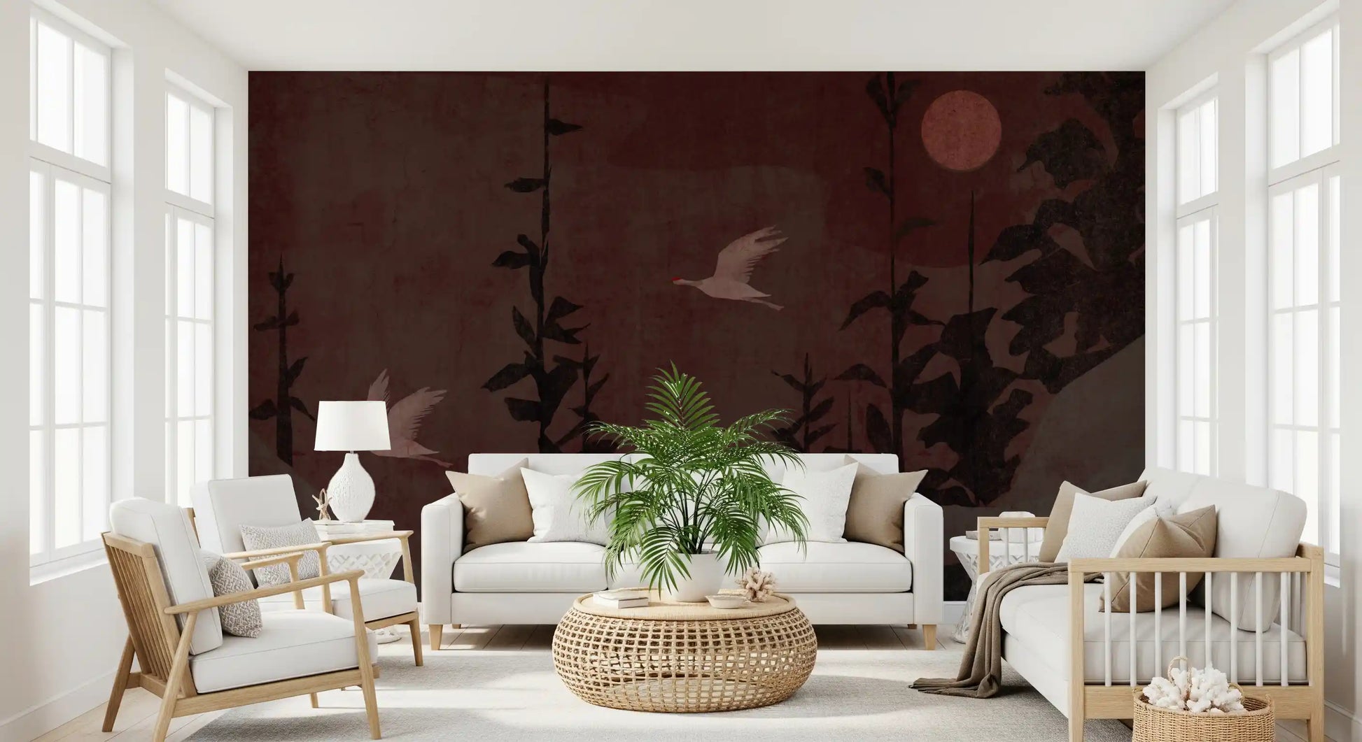 Chinoiserie Nightfall with Soaring Cranes Wall Mural