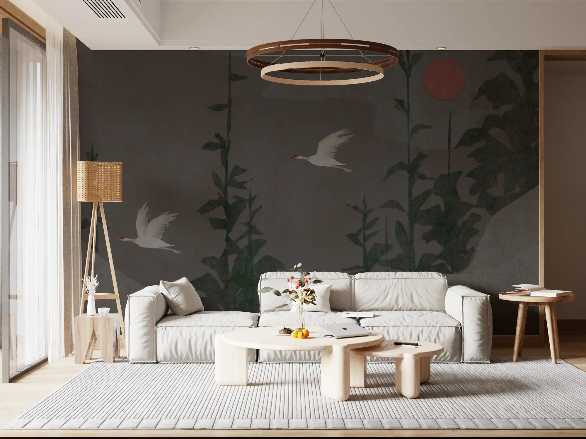 Flight of the red crowned cranes wall mural in muted taupe grey for living room GD10969 