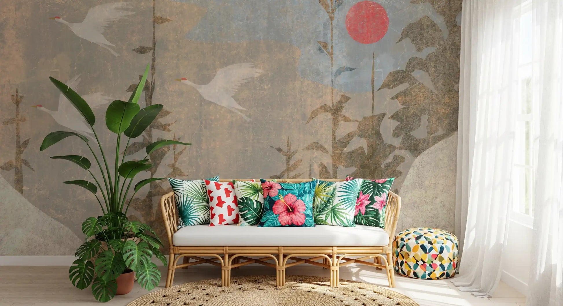 Flying Cranes and Crimson Sun Scenic Wall Mural