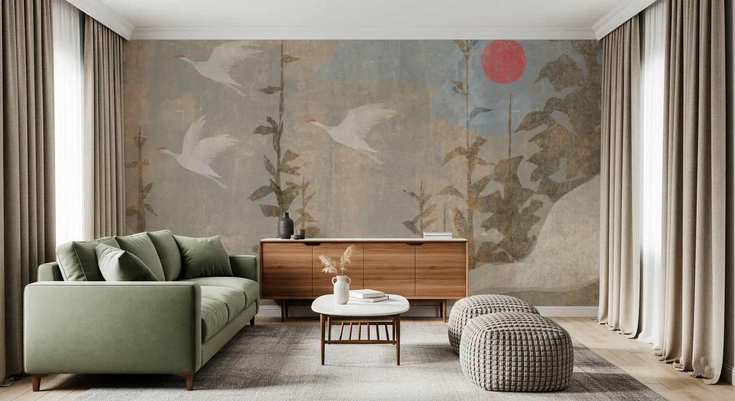 Flying Cranes and Crimson Sun Scenic Wall Mural