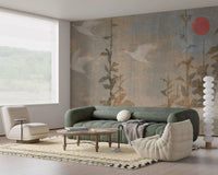 Flying Cranes and Crimson Sun Scenic Wall Mural