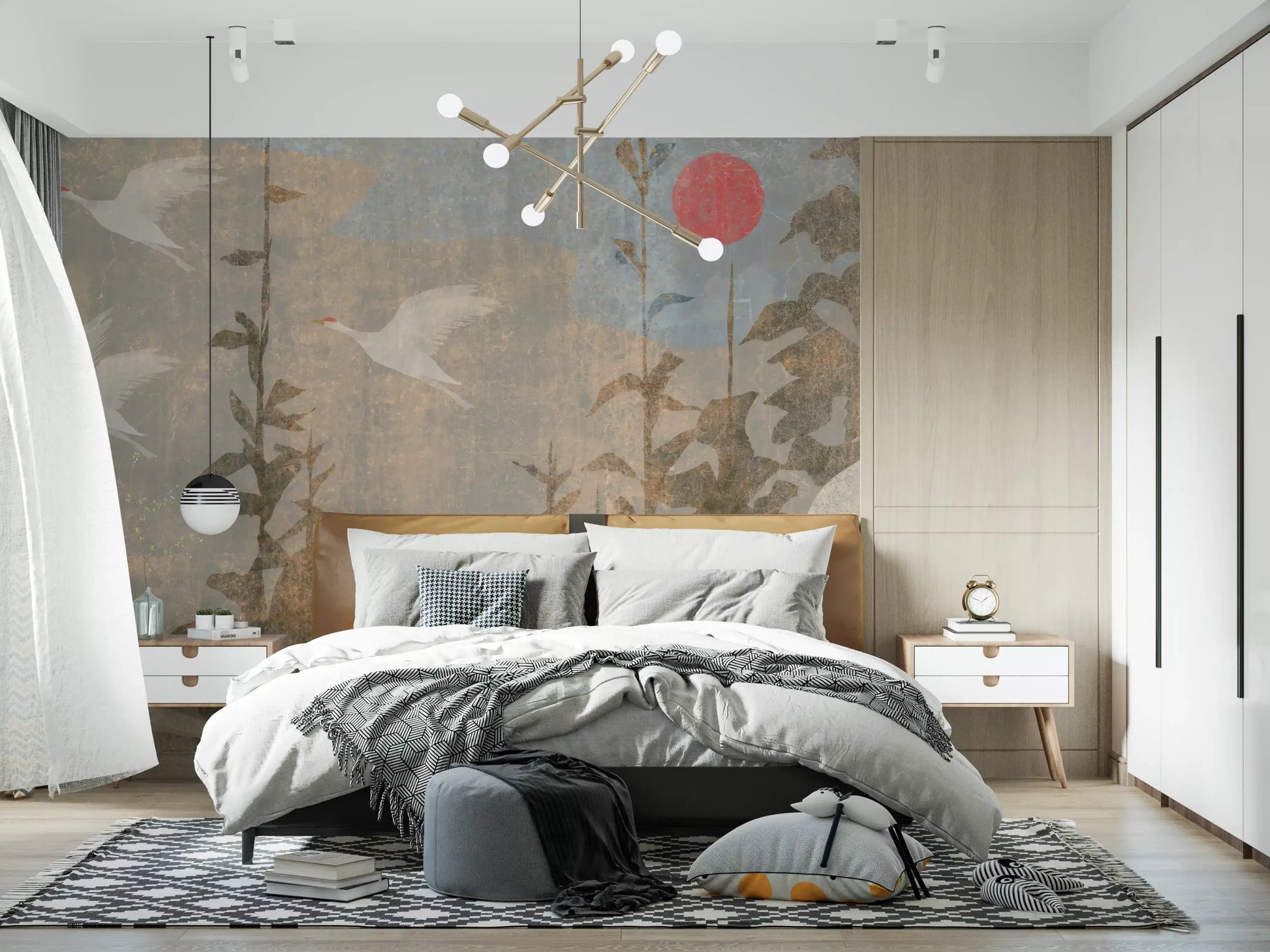 Flying Cranes and Crimson Sun Scenic Wall Mural
