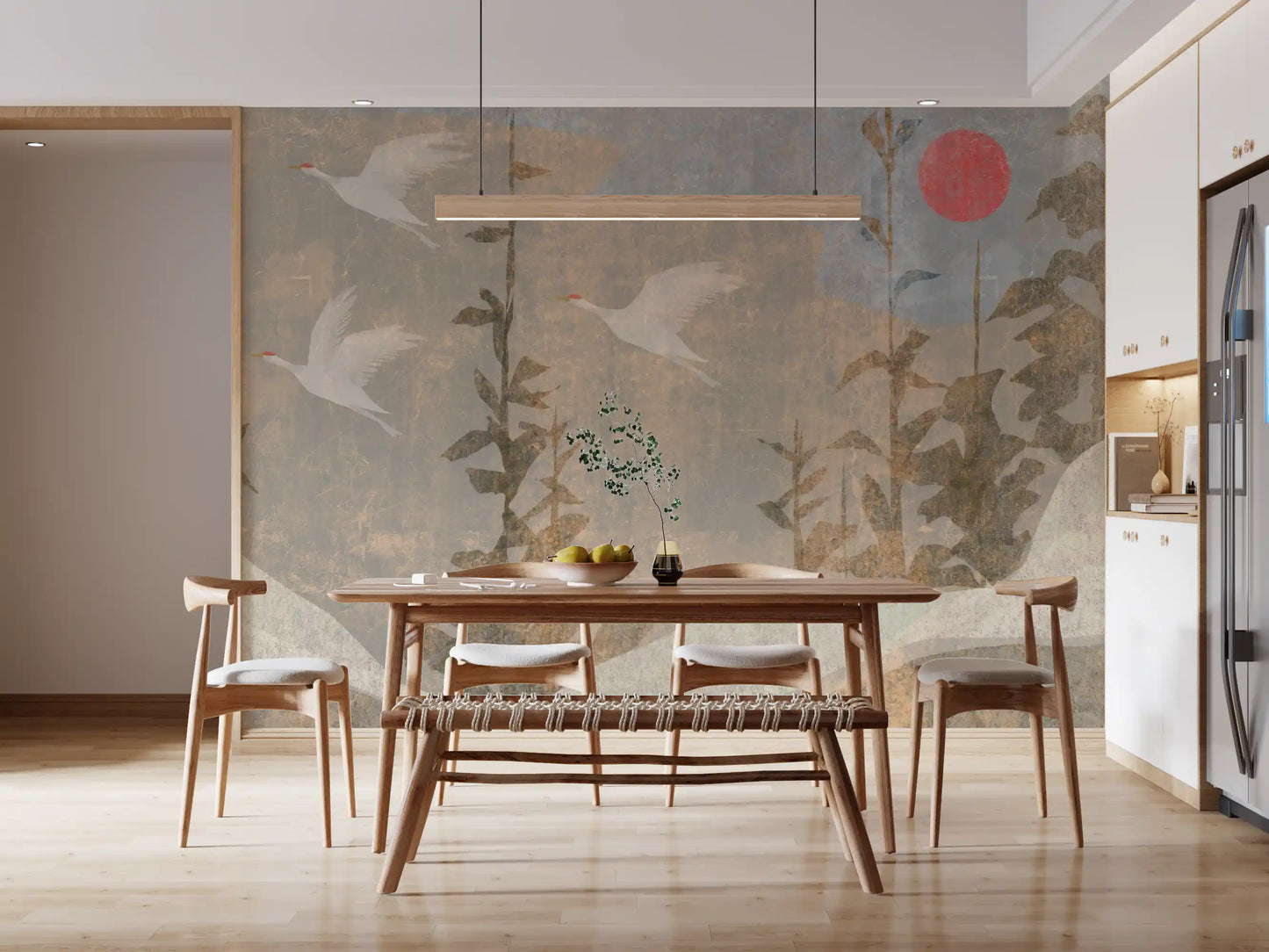 Flying Cranes and Crimson Sun Scenic Wall Mural
