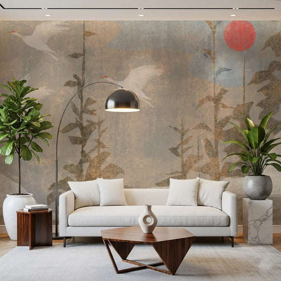 Flying cranes and crimson sun scenic wall mural in warm sand and ochre for living room GD10970