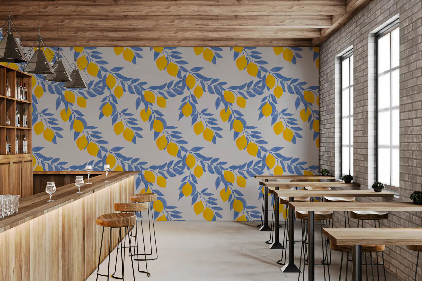 Lemon Branches Blue Leaves Wallpaper⁠
