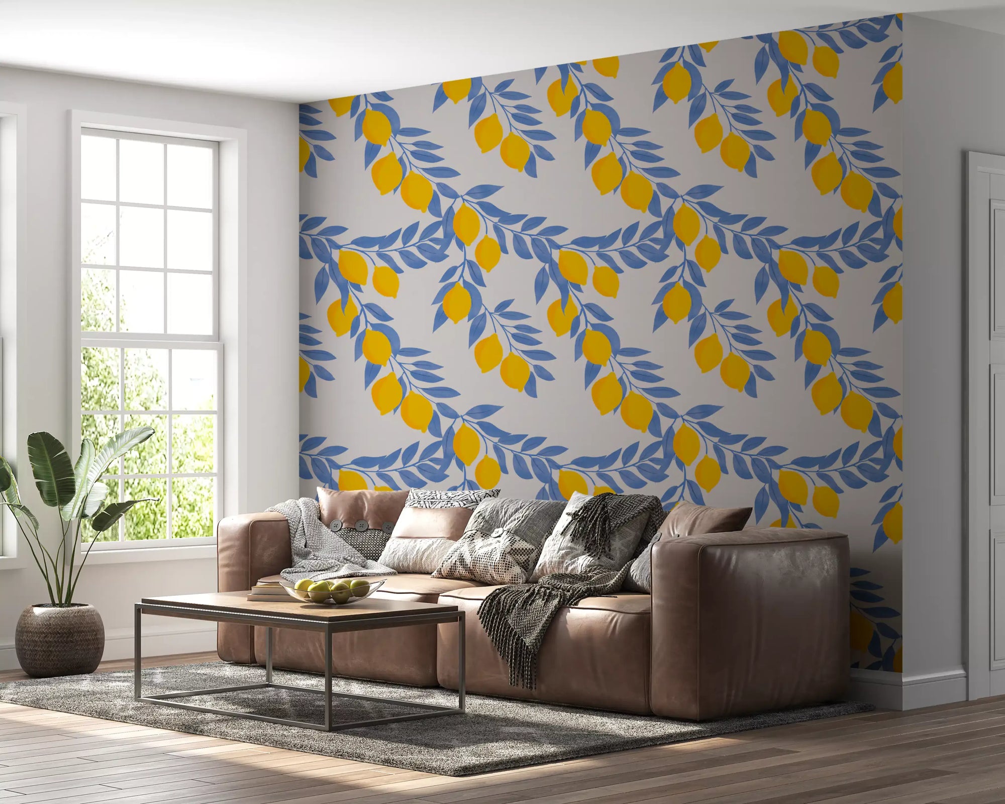 Lemon branches blue leaves wallpaper with yellow fruit on pale grey ground in living area GD10971