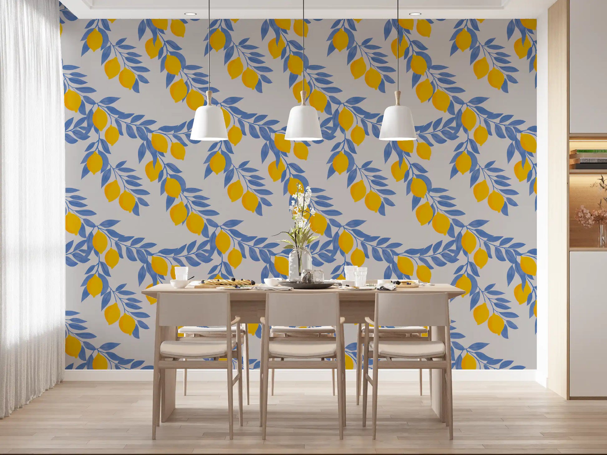 Lemon Branches Blue Leaves Wallpaper⁠