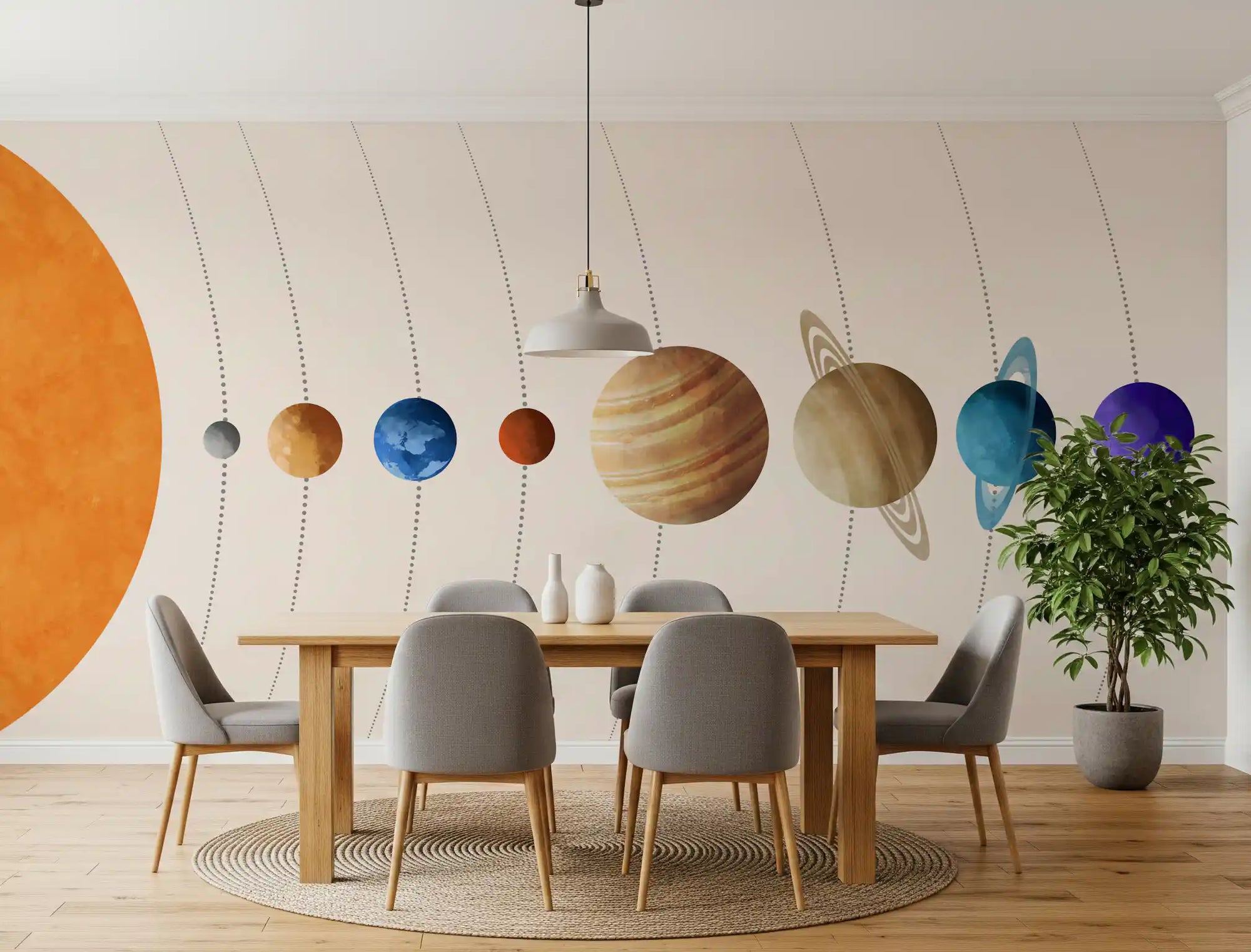 Planet parade wall mural with watercolour sun and all eight planets in dining room GD10972