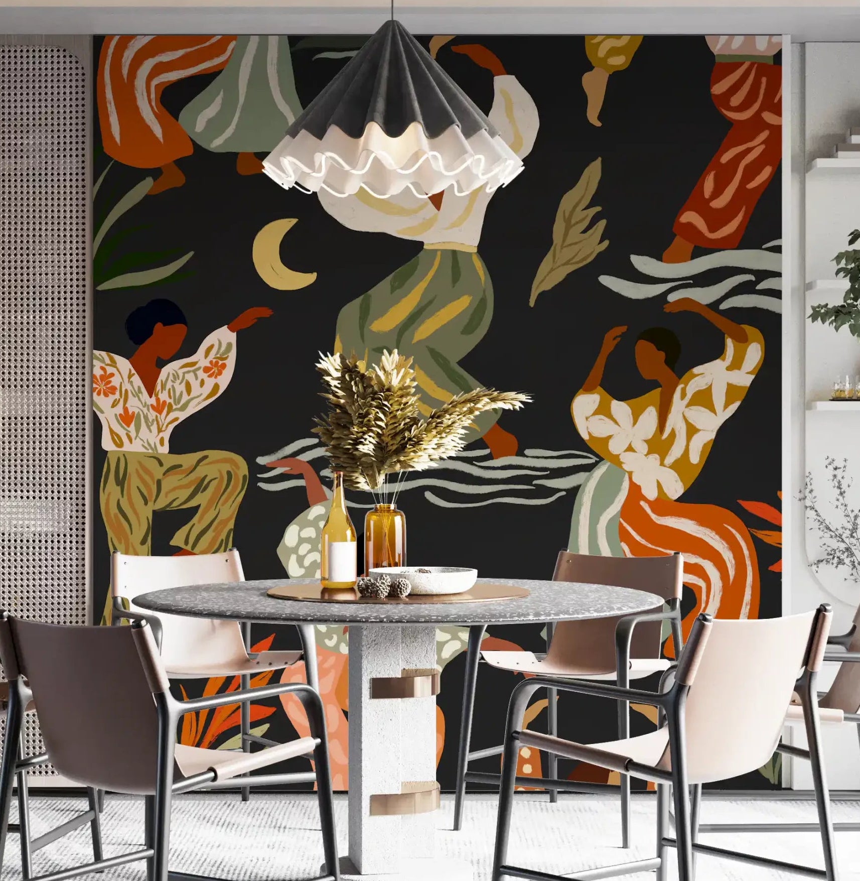 Boho pattern wall mural with dancing figures in rust and sage on charcoal ground in dining room GD10973