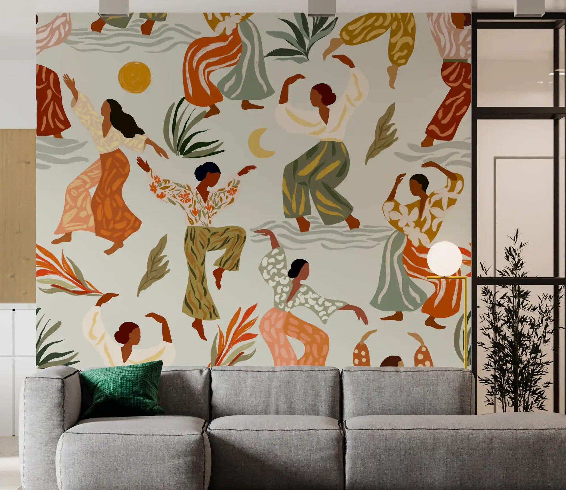 Matisse inspired pattern wall mural with dancers in terracotta and olive on sage cream for hallway GD10974