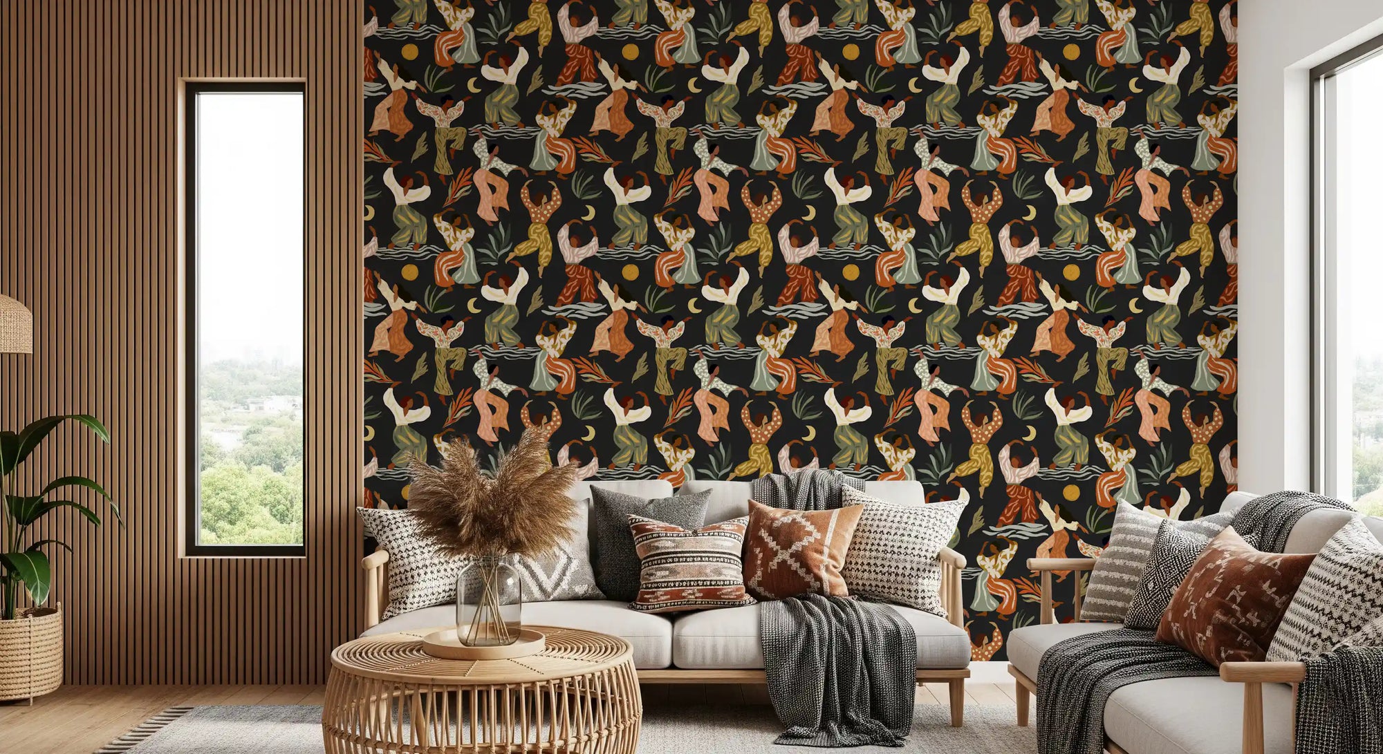 Bohemian pattern wallpaper with dancers in terracotta and olive for living room GD10975