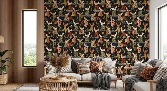 Bohemian pattern wallpaper with dancers in terracotta and olive for living room GD10975