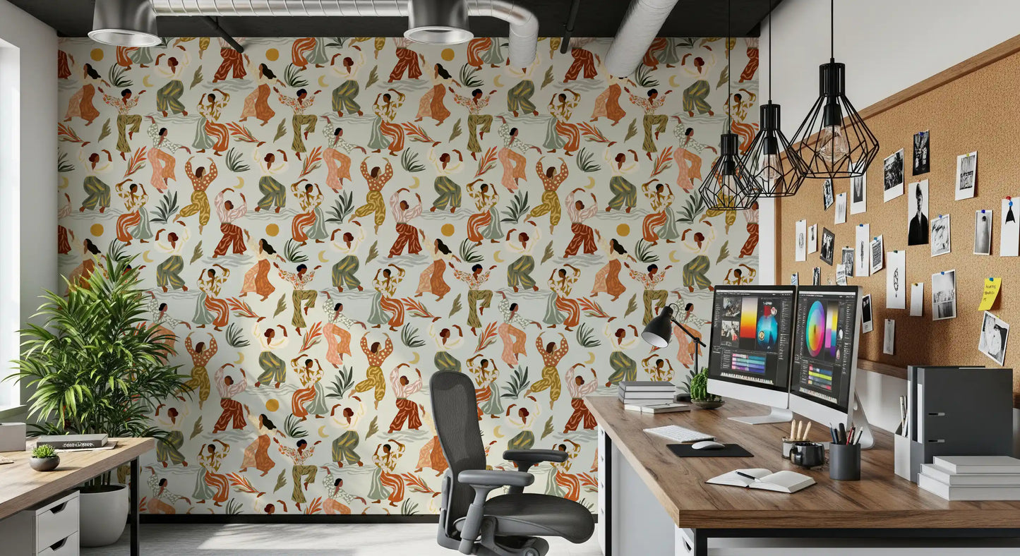 Earthy Boho Rhythms and Dancing Figures Wallpaper⁠