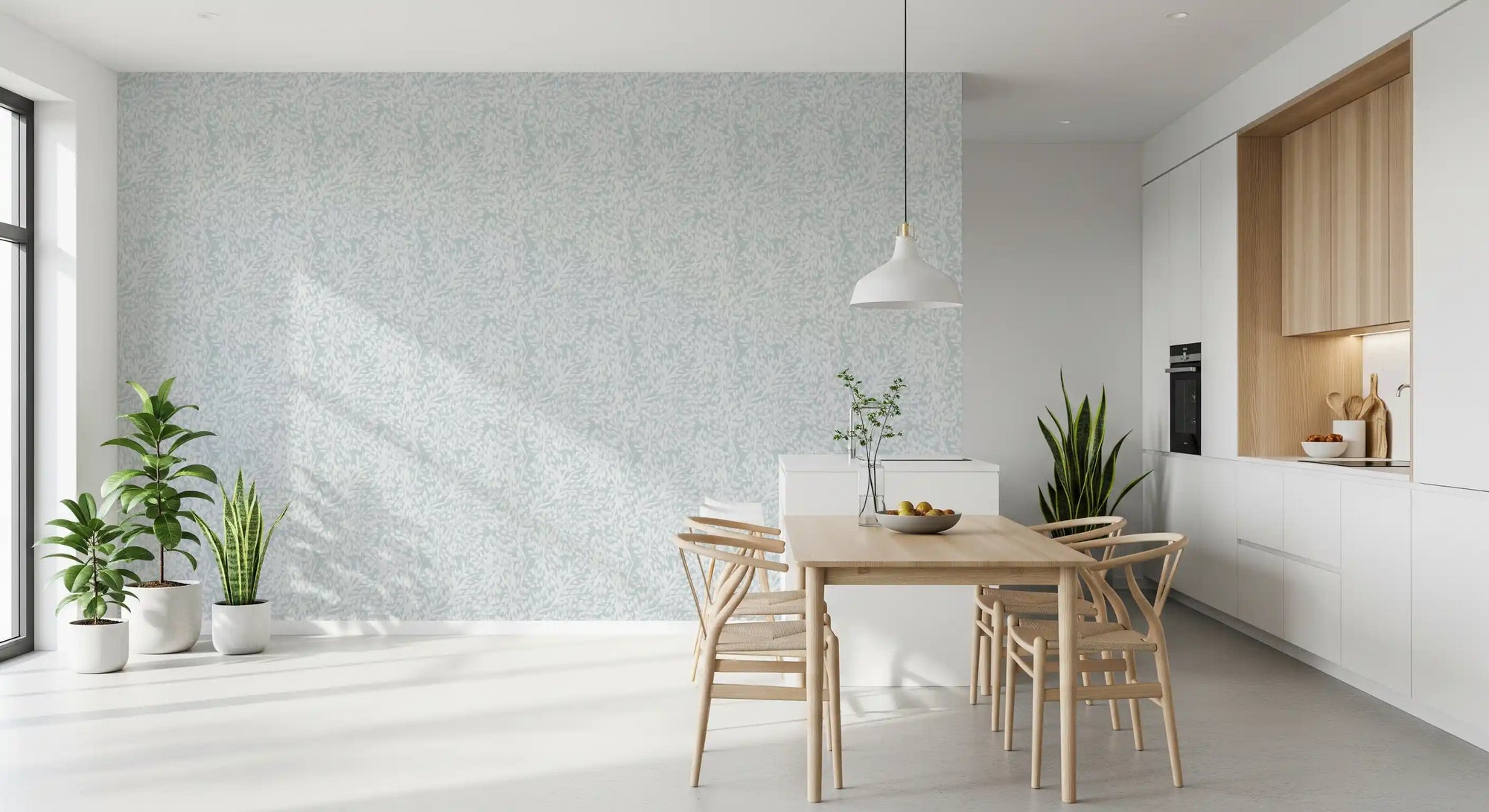 Pale Nordic Leafage Wallpaper with ivory leaf branches in dining room GD10977