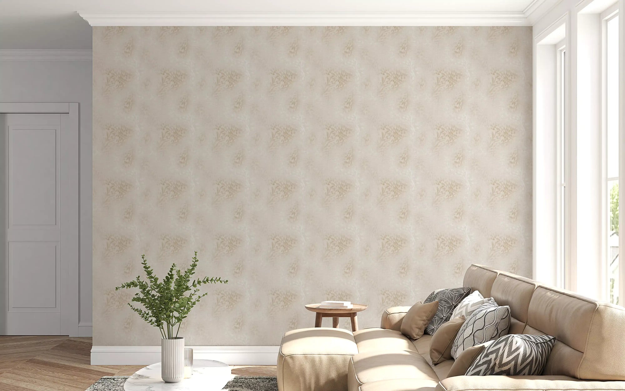Delicate Linen Botanical Foliage Wallpaper in warm oatmeal beige tones for living room - GD10978