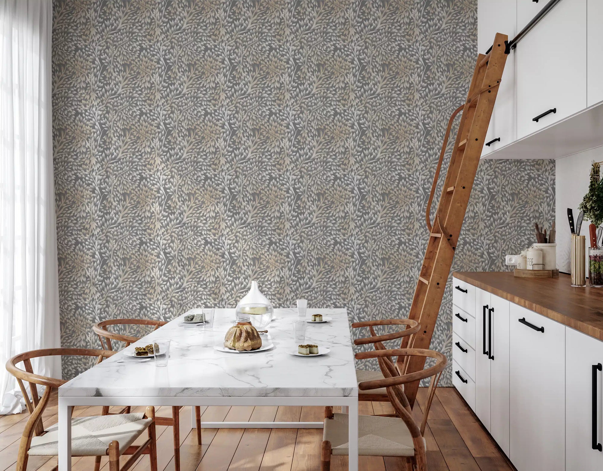 Textured Woodland Birch Leaves Wallpaper in charcoal grey and sand tones - GD10979 