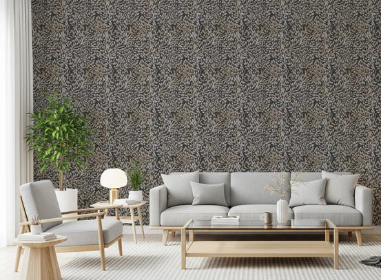 Classical Woodland Foliage Wallpaper in espresso brown and taupe tones - GD10980