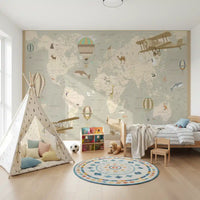 Antique Style Animal Cartography and Airships Wall Mural