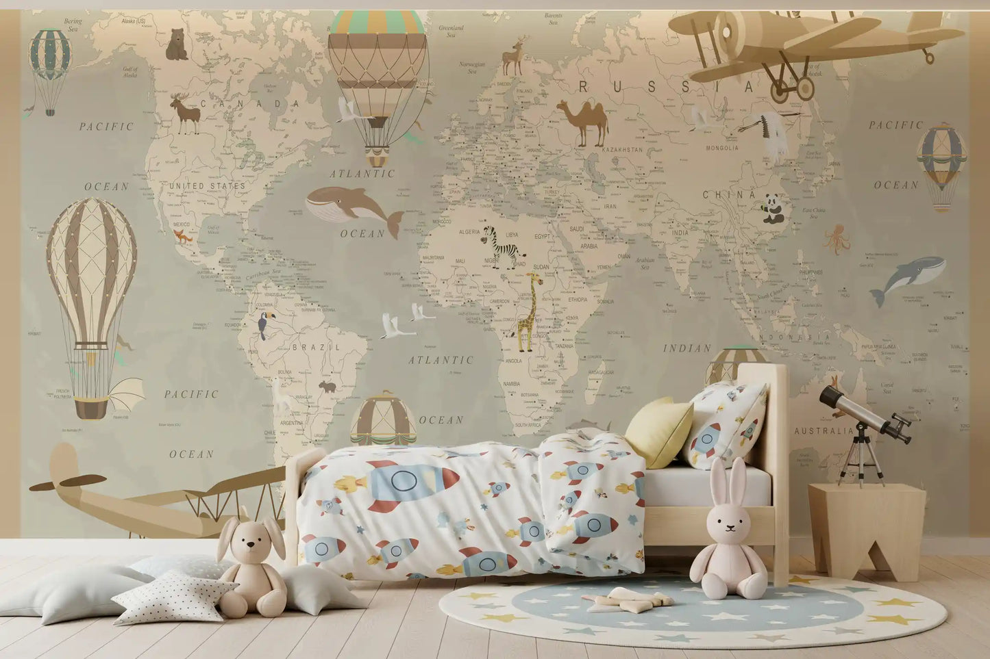 Antique Style Animal Cartography and Airships Wall Mural