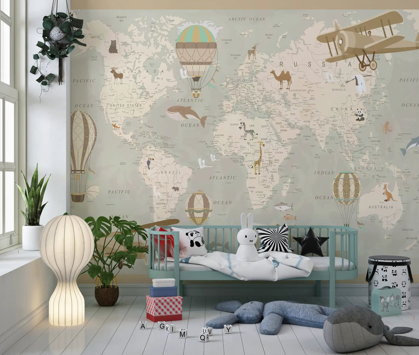 Antique Style Animal Cartography and Airships Wall Mural