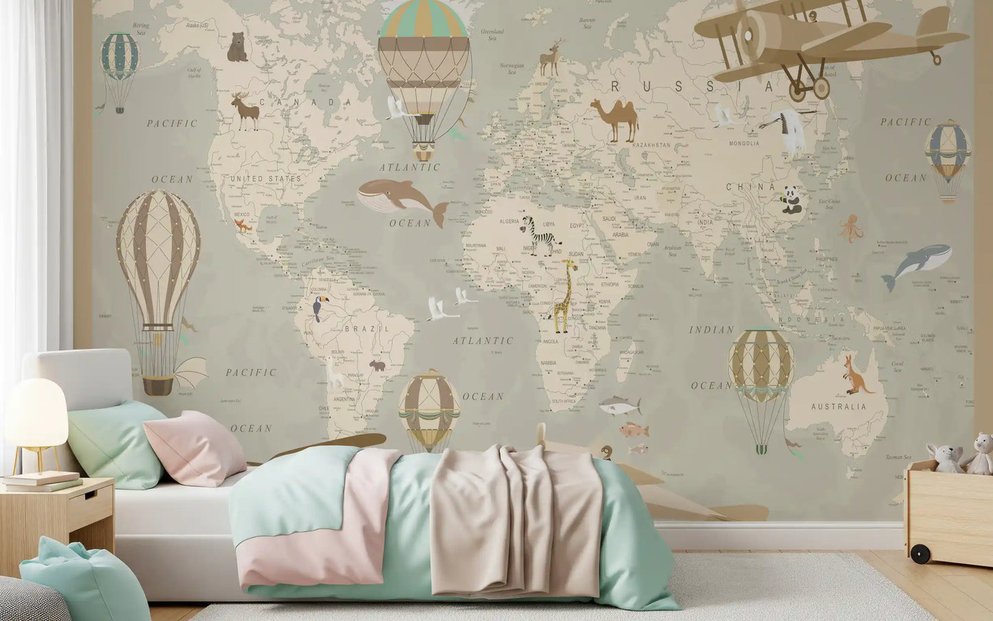 Antique Style Animal Cartography and Airships Wall Mural