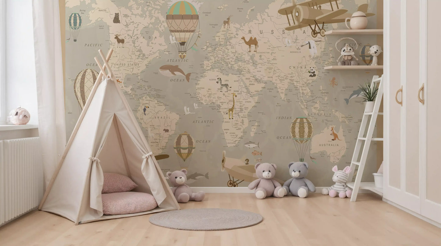 Antique Style Animal Cartography and Airships Wall Mural