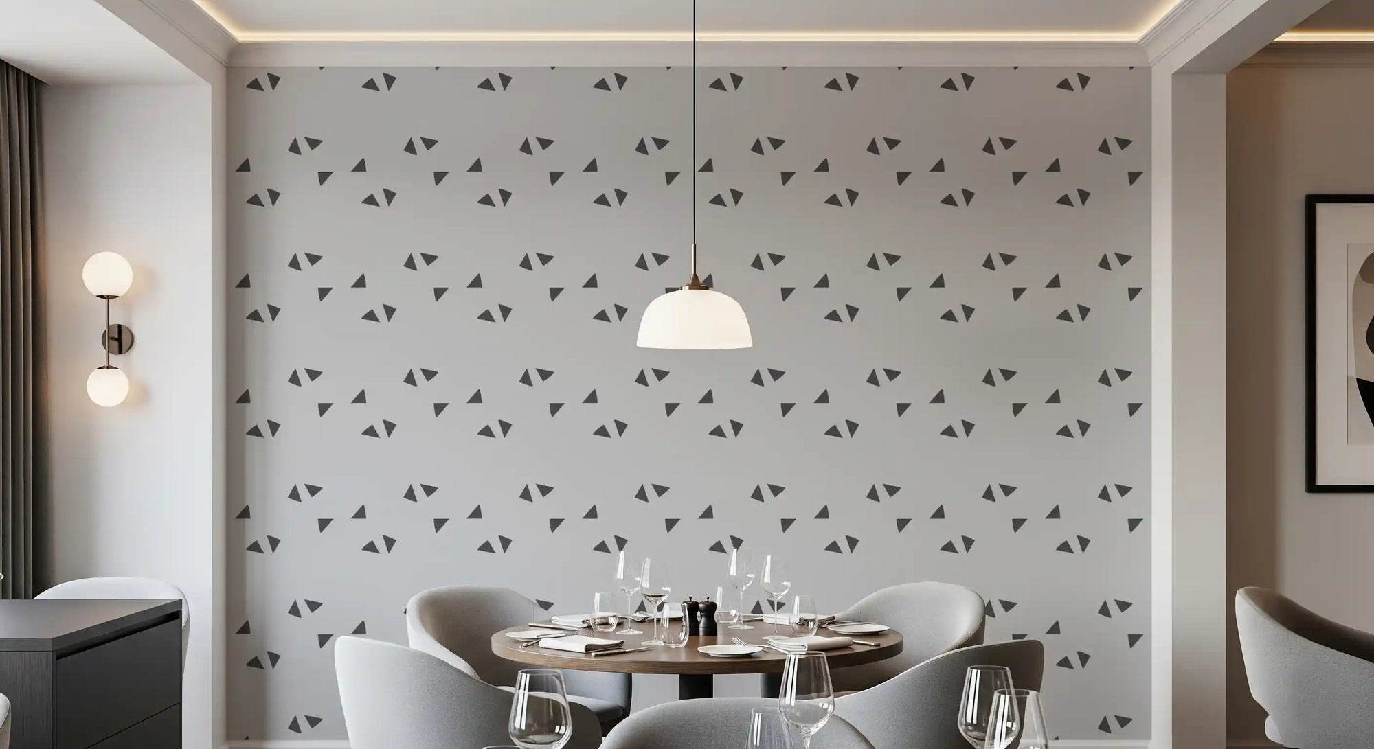 Nordic Charcoal Triangle Geometric Wallpaper in soft grey and charcoal - GD10985