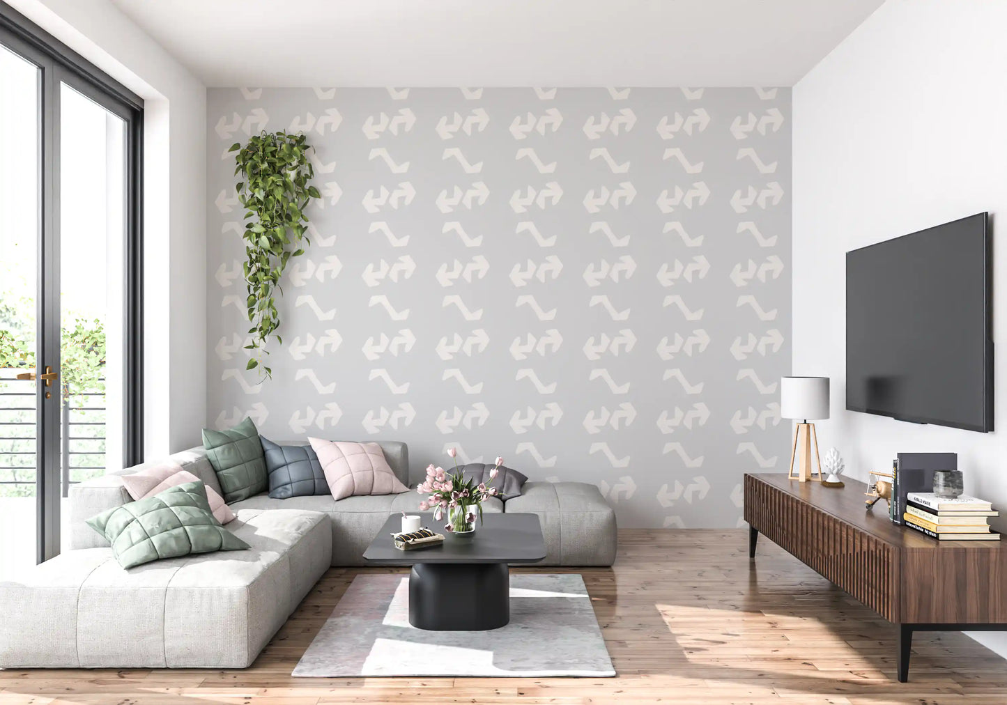 Playful Primitive Shapes on Soft Slate Wallpaper⁠
