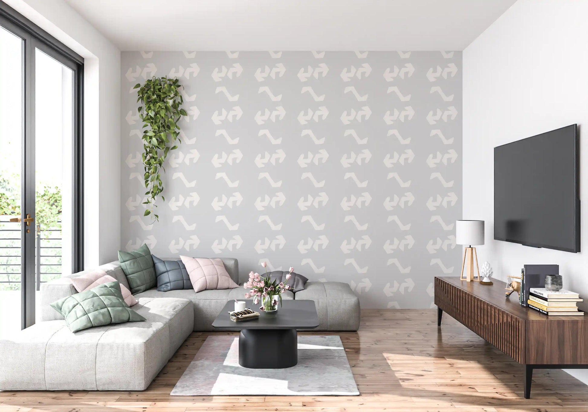 Playful Primitive Shapes on Soft Slate Wallpaper⁠
