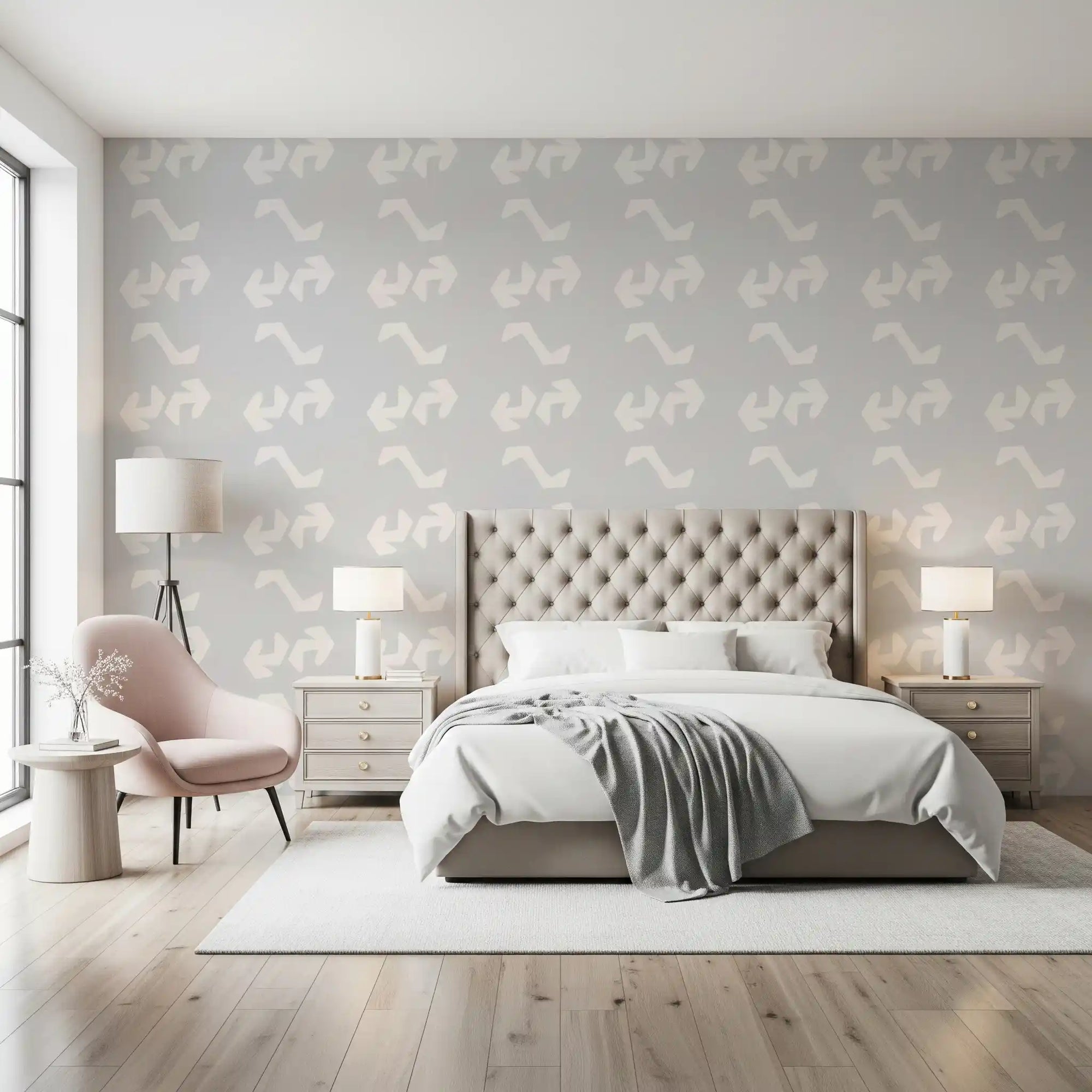 Playful primitive shapes wallpaper in soft slate grey and cream GD10986