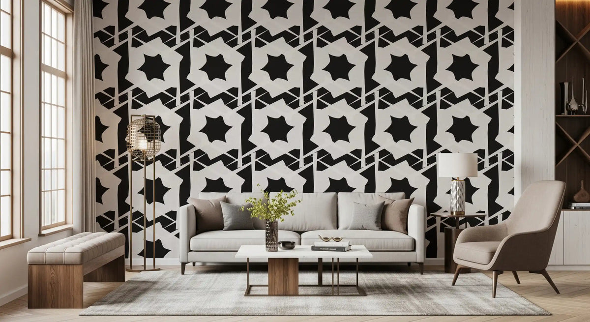 Interlocking monochromatic geometry wallpaper in living room GD10987