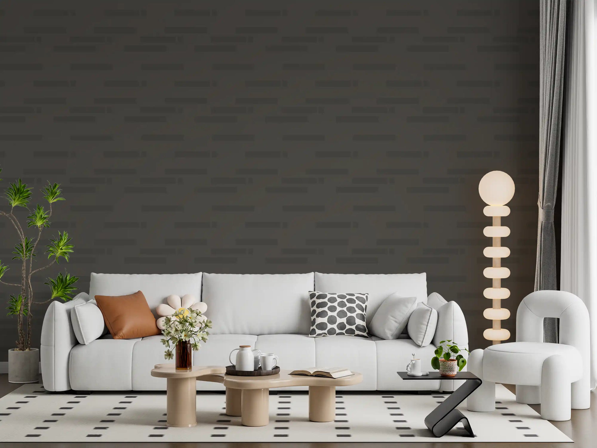 Staggered grey rectangular bars on dark charcoal brutalist wallpaper in living room GD10997