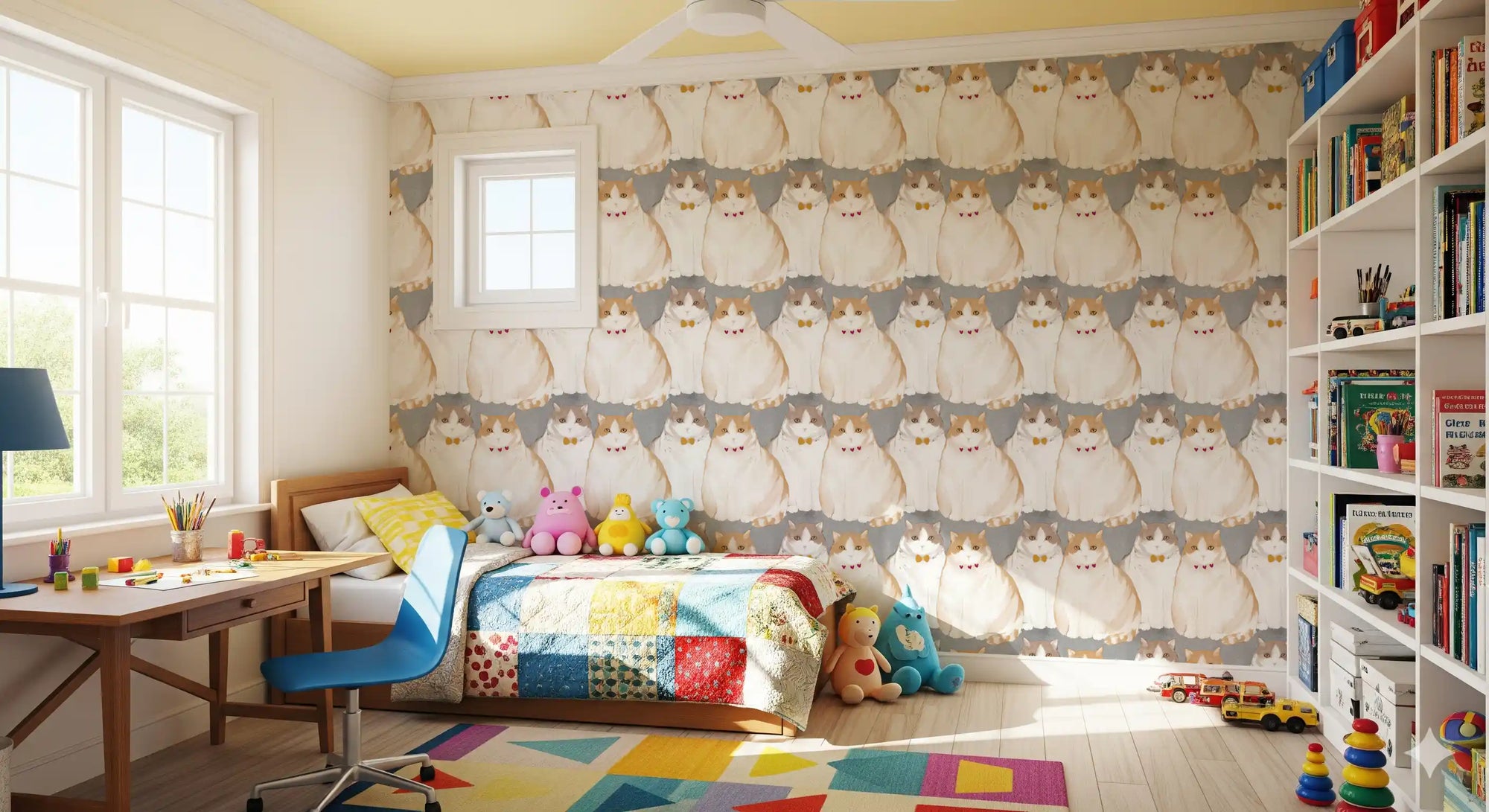 Illustrated chubby white and ginger cats wallpaper with gold bow ties pattern GD10998