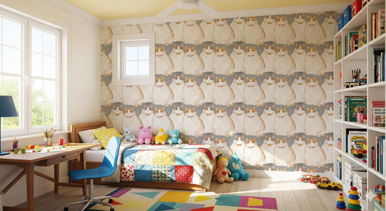 Illustrated chubby white and ginger cats wallpaper with gold bow ties pattern GD10998