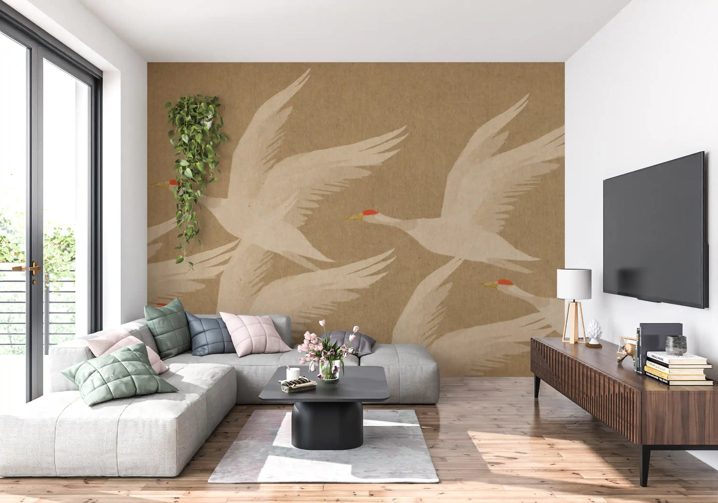 Ascending Cranes in Earthy Ochre Wall Mural