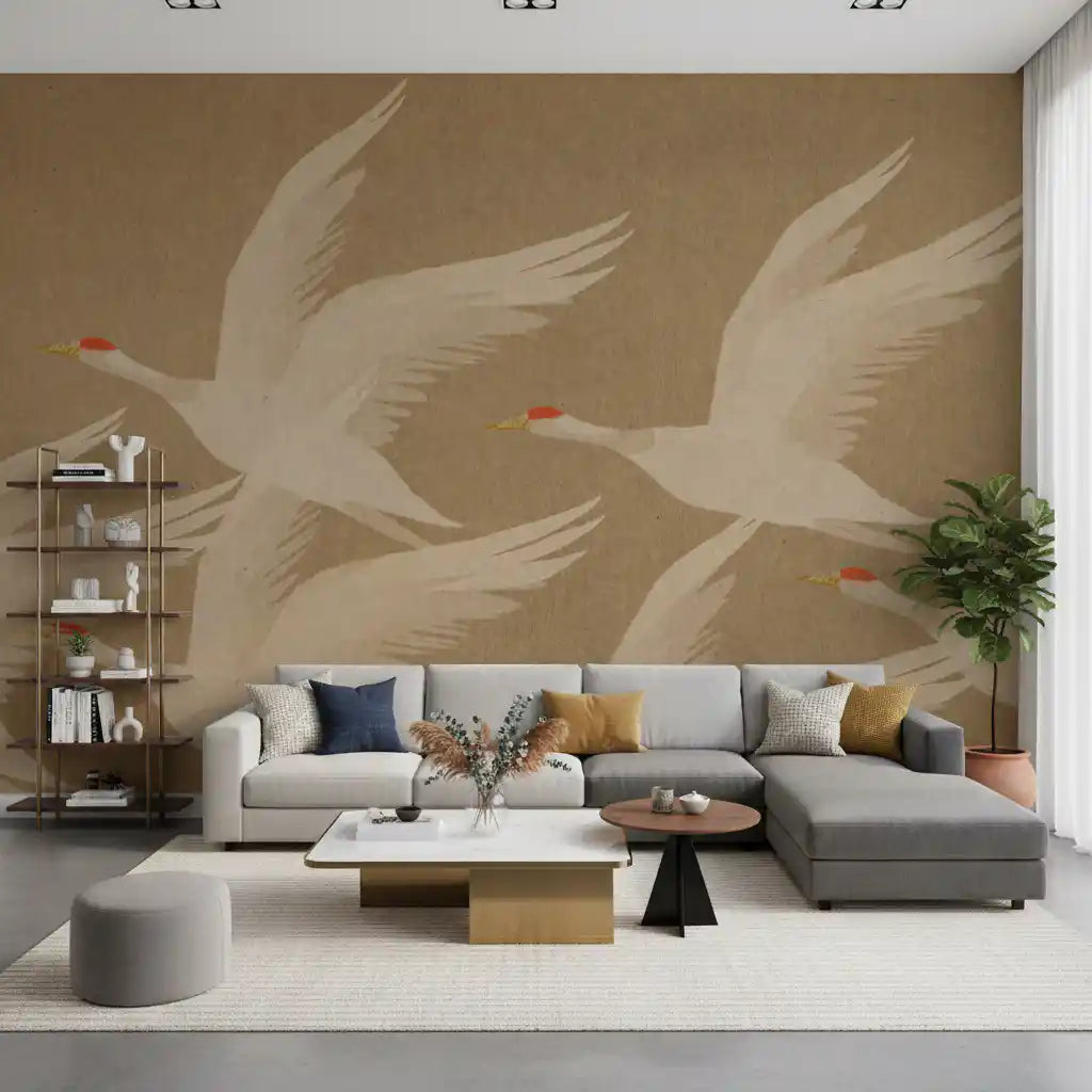 Ascending Cranes in Earthy Ochre Wall Mural