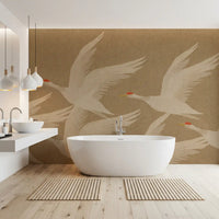 Ascending Cranes in Earthy Ochre Wall Mural