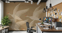 Ascending Cranes in Earthy Ochre Wall Mural