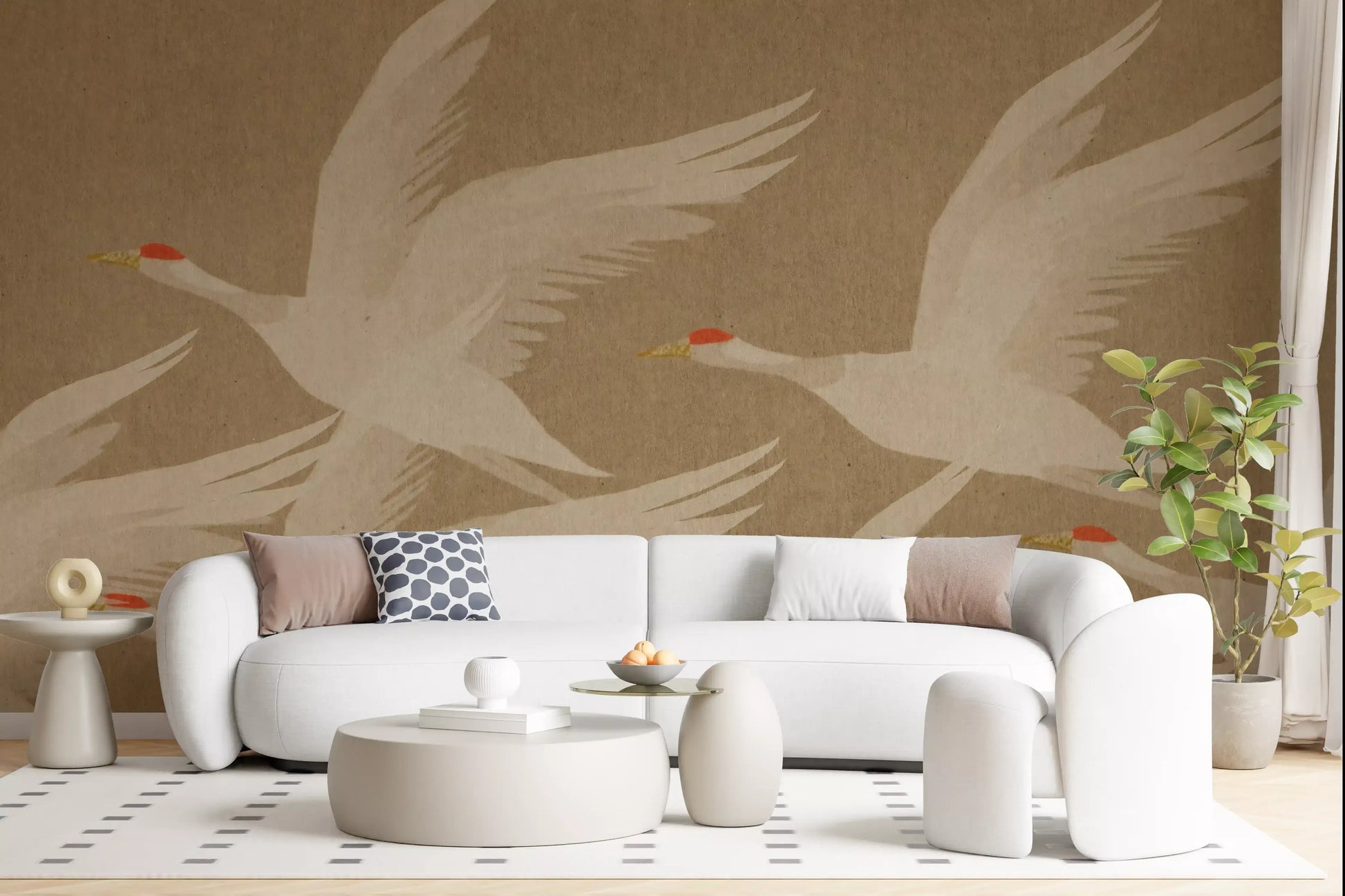 Ascending Cranes in Earthy Ochre Wall Mural
