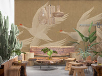 Ascending Cranes in Earthy Ochre Wall Mural