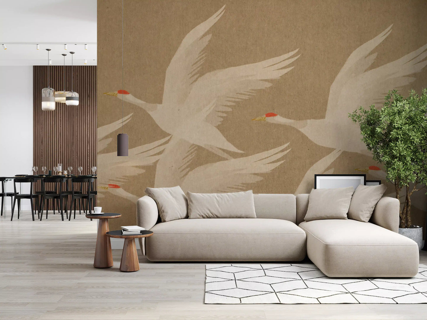 Ascending Cranes in Earthy Ochre Wall Mural