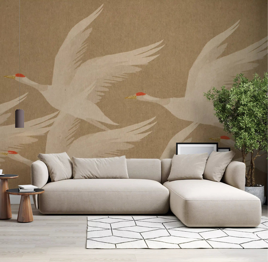 White cranes mural with red crowns flying across warm ochre in living room GD11003