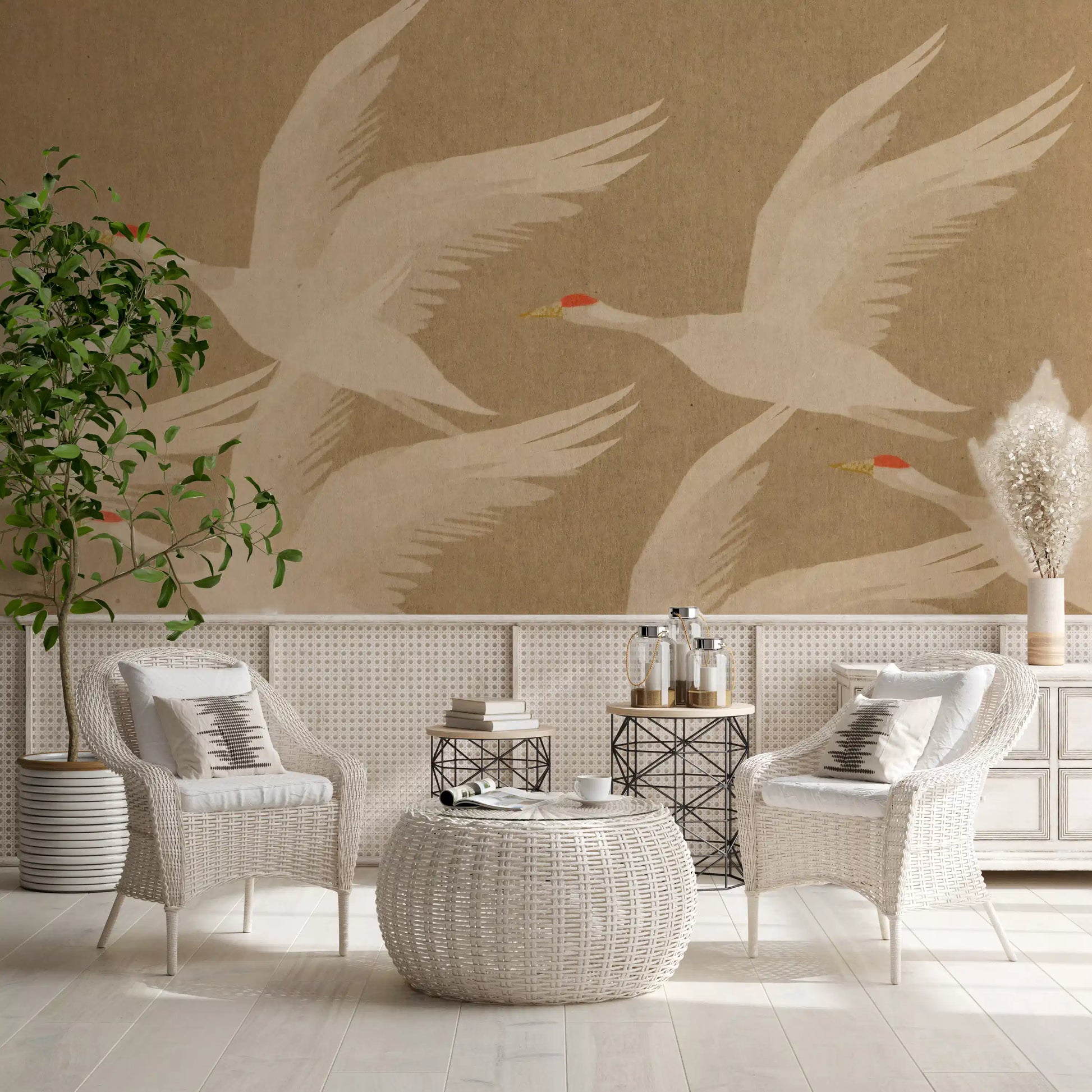 Ascending Cranes in Earthy Ochre Wall Mural