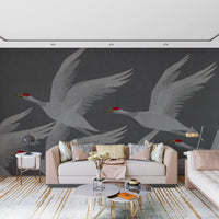 Oriental Crane Flight in Slate and Gold Wall Mural