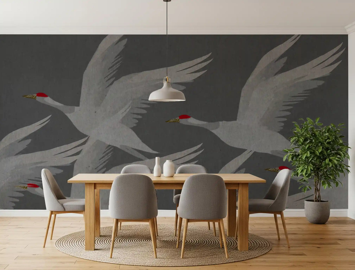 Oriental Crane Flight in Slate and Gold Wall Mural