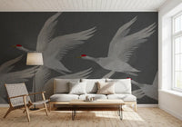 Oriental Crane Flight in Slate and Gold Wall Mural