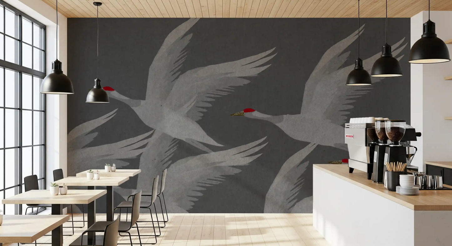 Oriental Crane Flight in Slate and Gold Wall Mural