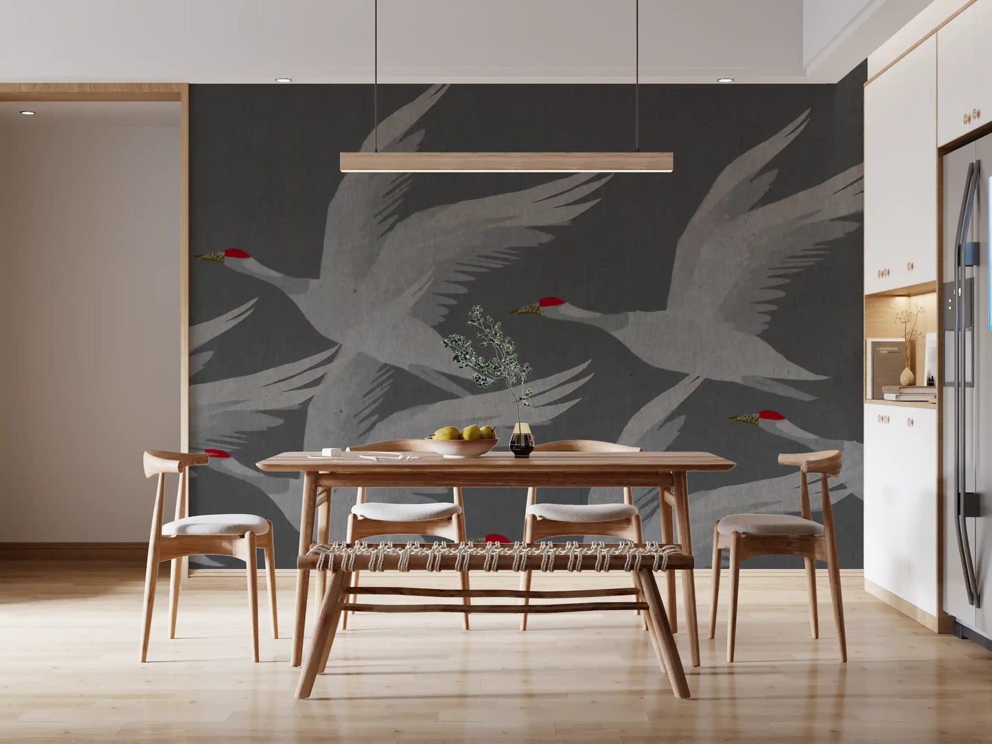 Oriental Crane Flight in Slate and Gold Wall Mural