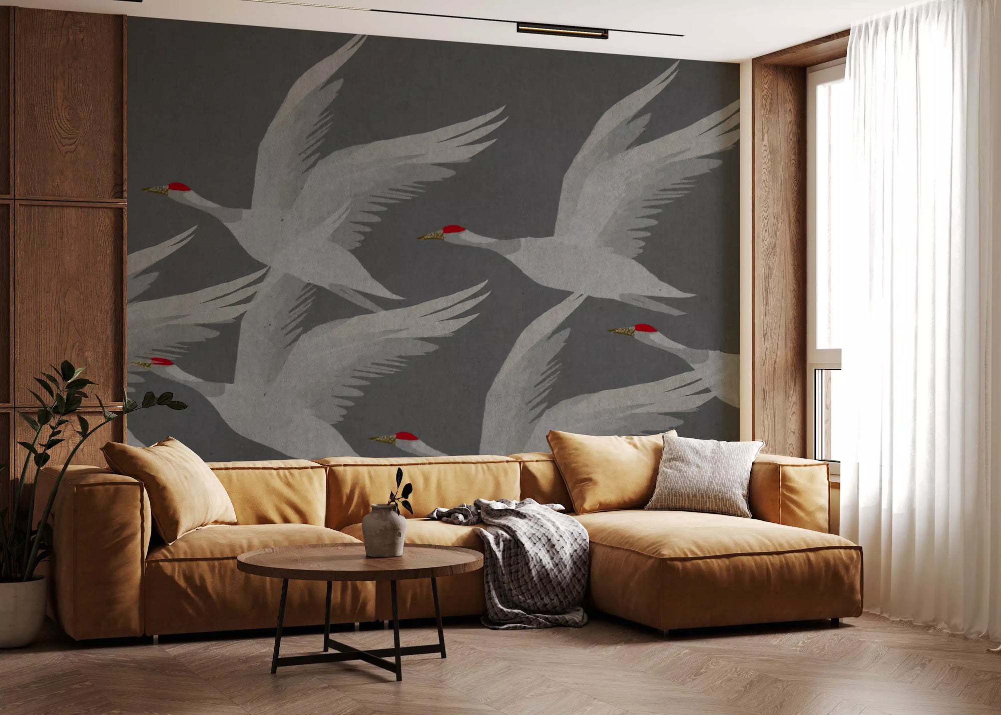 Oriental crane flight mural with white birds on slate grey background GD11005